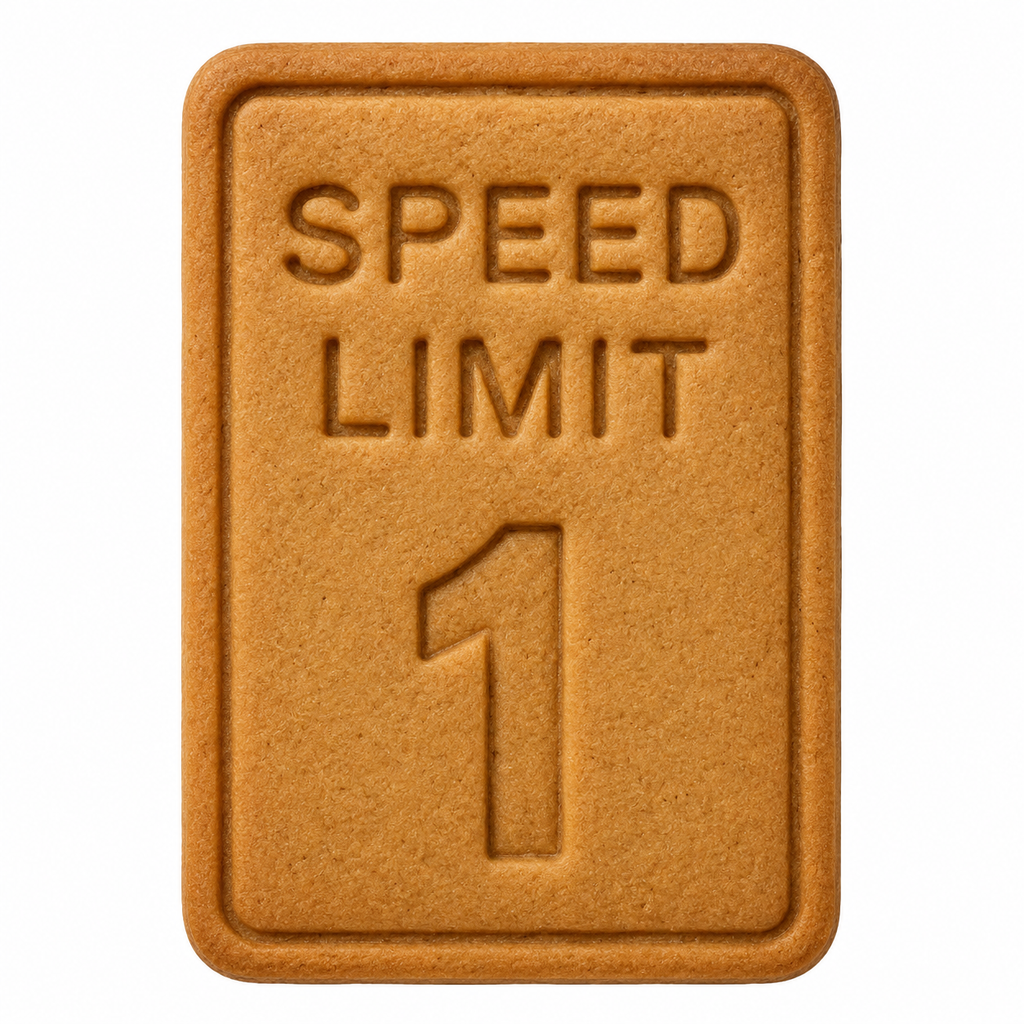 Brown dog treat shaped like a speed limit sign with the number 1