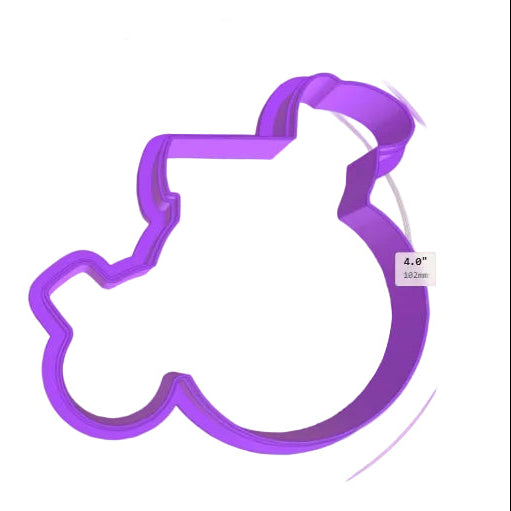 Purple cookie cutter shaped like a wheelchair with dimensions on a white background